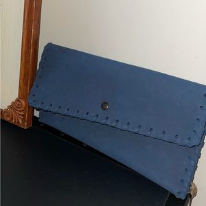 Navy powder blue leather oversized east west clutch